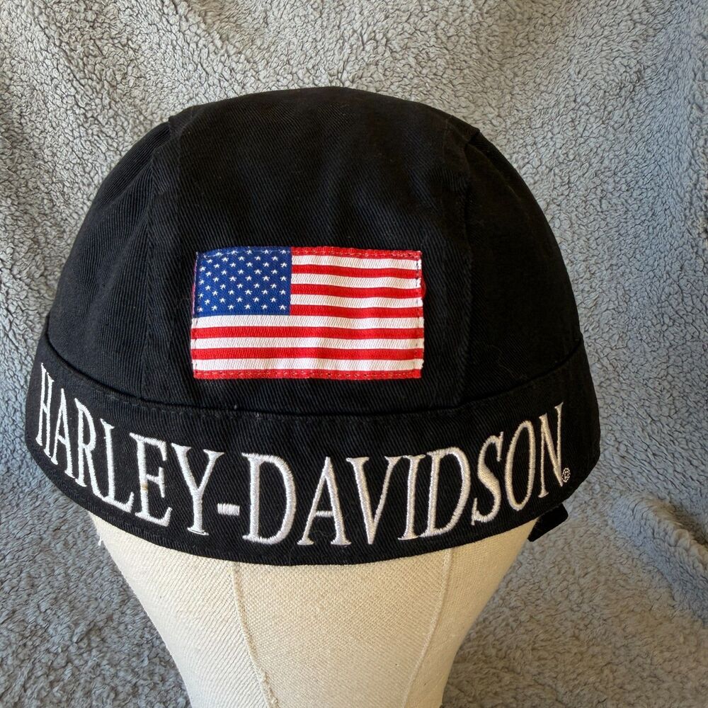 HARLEY DAVIDSON Skull Cap Black Tie Cotton Do-Rag USA Flag Headwrap Moto Riding